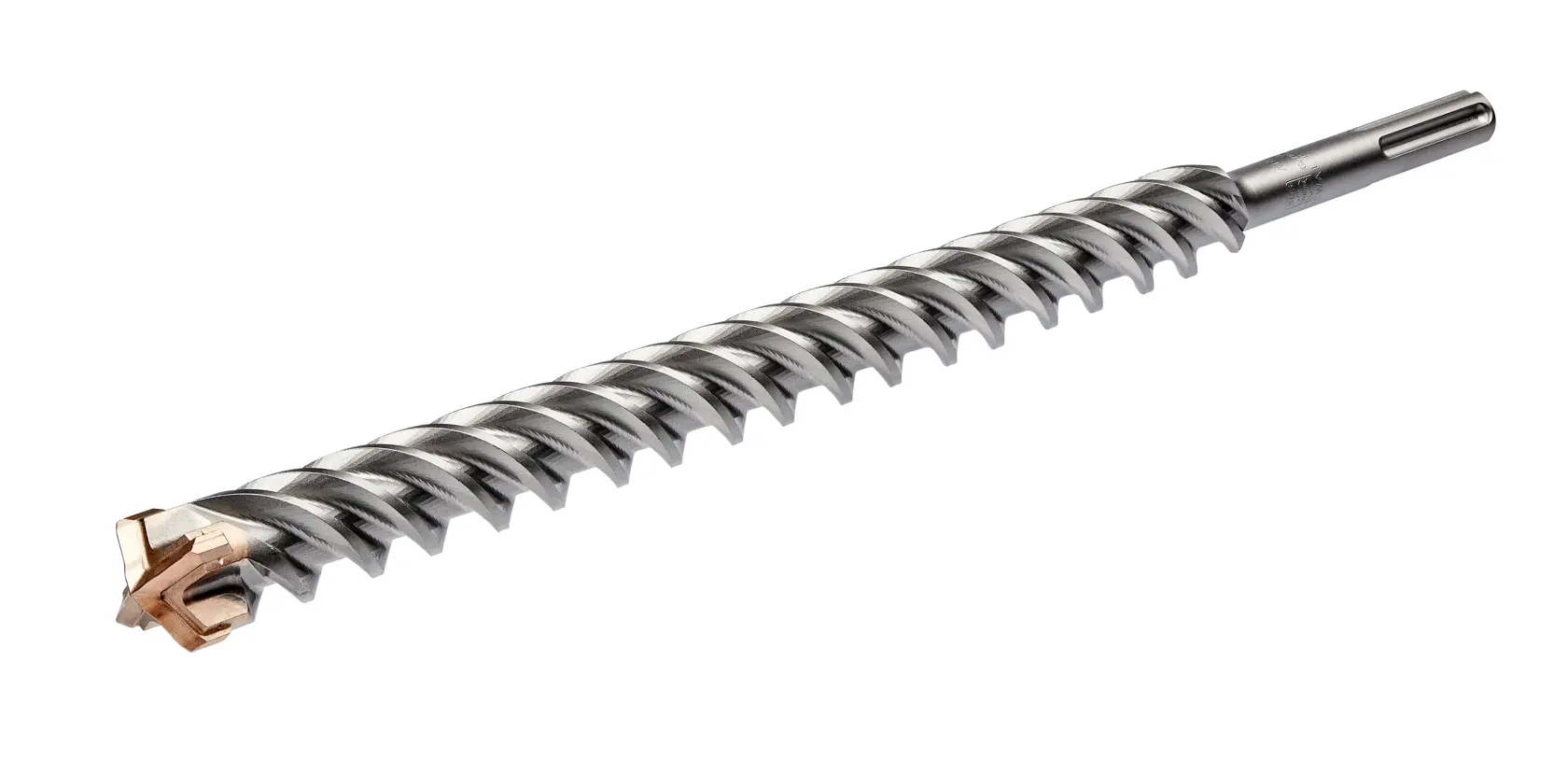 Una broca SDS DEWALT con diseño en espiral y punta de carburo, aislada sobre fondo blanco.