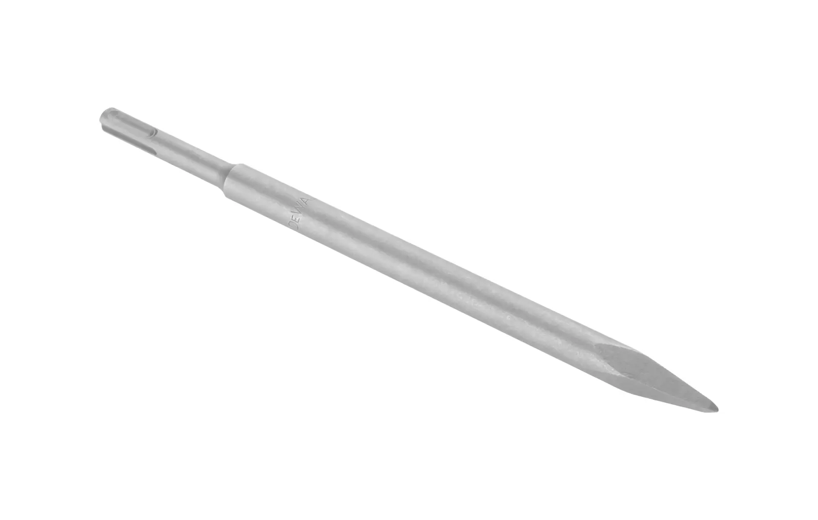 Um cinzel de metal pontiagudo com haste SDS-plus, mostrado sobre um fundo branco.