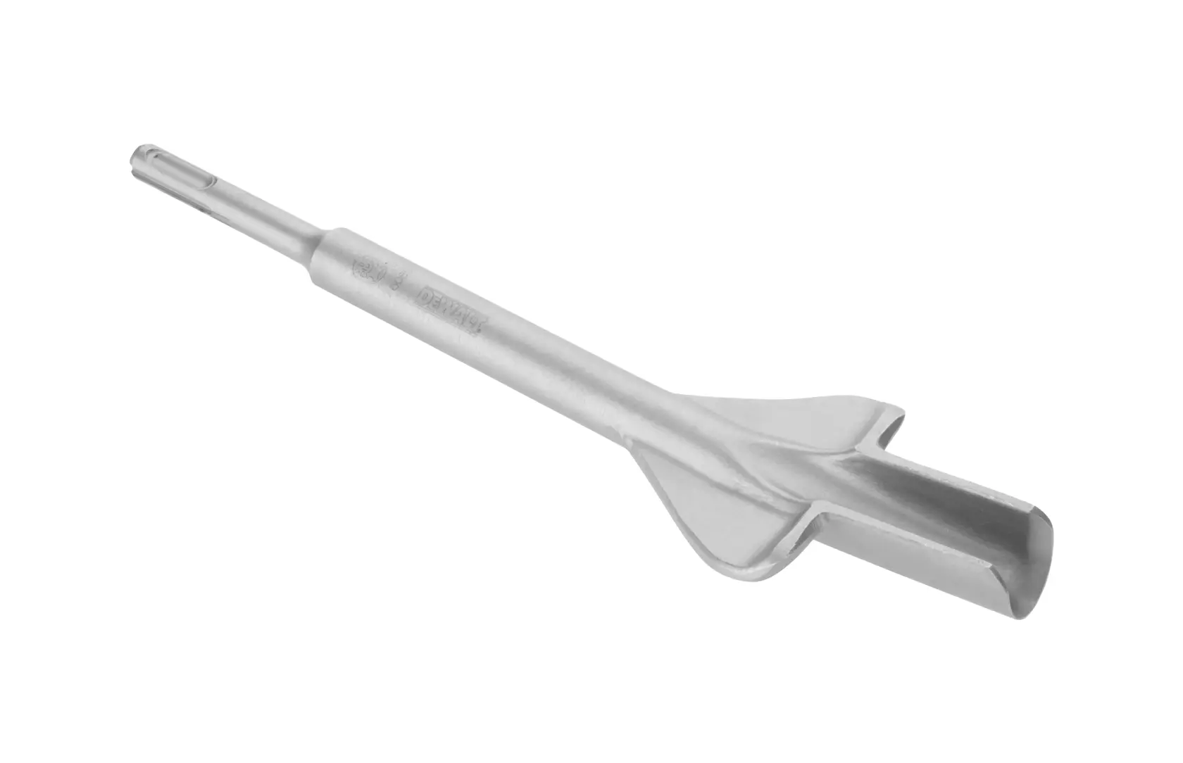 Um cinzel para remoção SDS Plus prateado da DEWALT, exibido sobre um fundo branco.