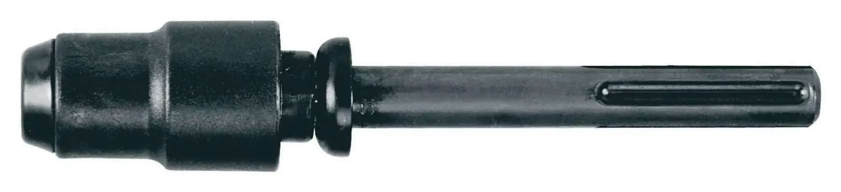 Ein DEWALT DT6830 SDS-plus Adapter mit einem schwarzen zylindrischen Metallkörper, entwickelt für die Kompatibilität mit Elektrowerkzeugen, auf einem weißen Hintergrund dargestellt.