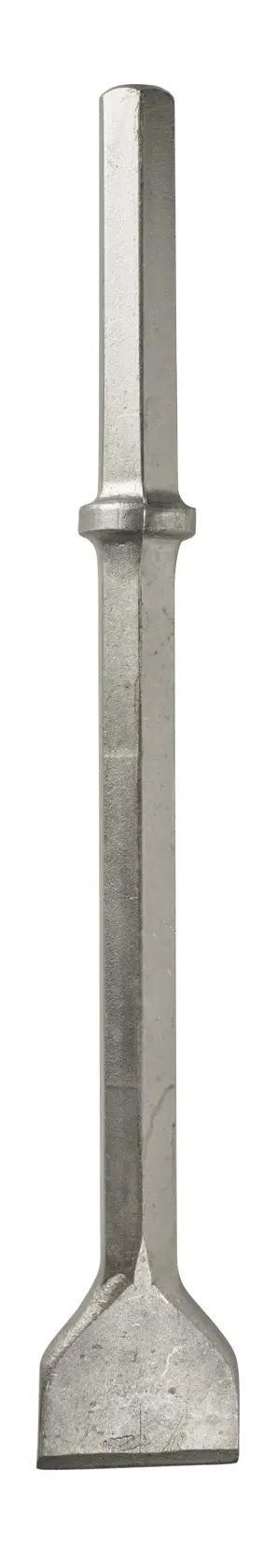 Um cinzel de lâmina plana para trabalhos de demolição, feito de metal, apresentado sobre fundo branco.