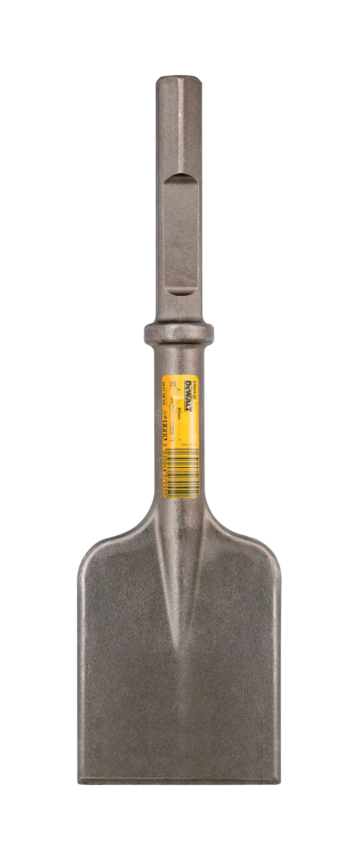 Um cinzel plano largo DEWALT DT6934 com haste hexagonal, projetado para uso com martelos de demolição, mostrado isolado em fundo branco.