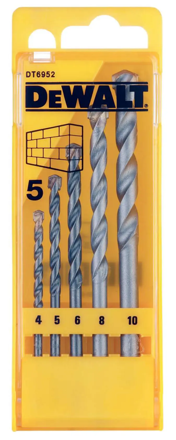 Juego DEWALT brocas mampostería, 5 piezas, SKUs DT6952-QZ, DT6952, caja amarilla, fotografía.