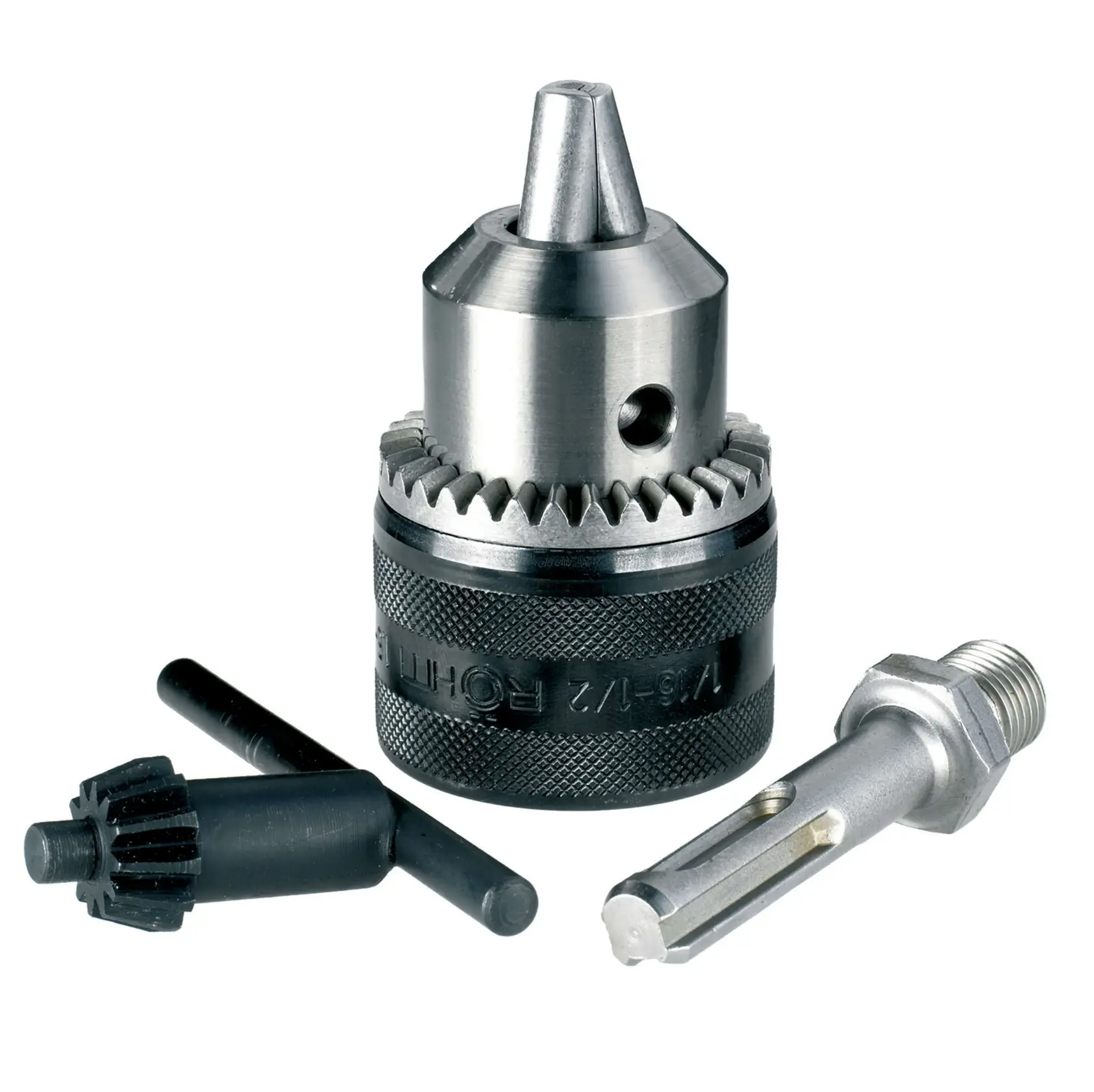 Um conjunto de mandril DEWALT DT7005 incluindo um mandril de metal com chave, uma chave de mandril e um adaptador para fotografia e outras tarefas de precisão.
