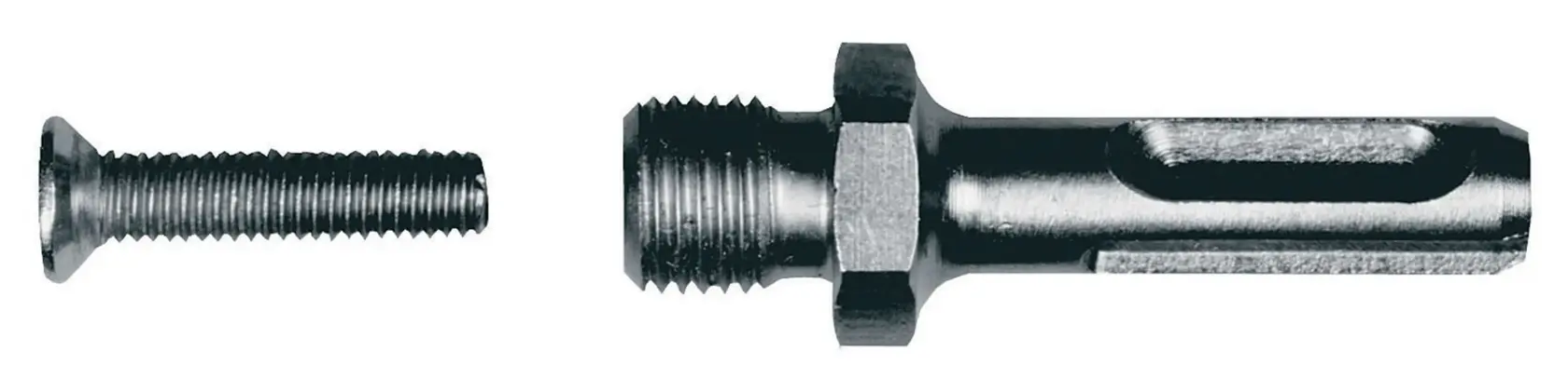 Primer plano de adaptador DEWALT DT7030 y tornillo metálico sobre fondo blanco.