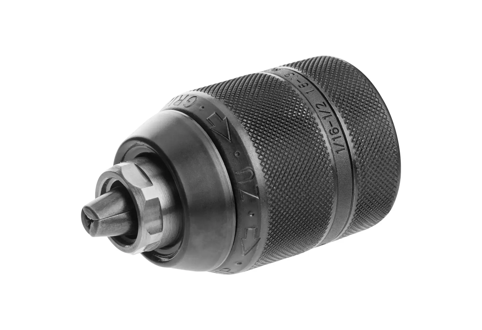 Primer plano de un portabrocas DEWALT DT7043 con superficie texturizada sobre fondo blanco.