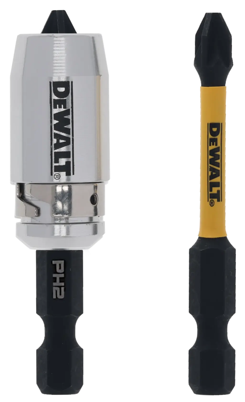 Porta-bits de parafusadeira DEWALT e bit de parafusadeira DEWALT PH2, ambos com designs de haste hexagonal, apresentados sobre fundo branco.