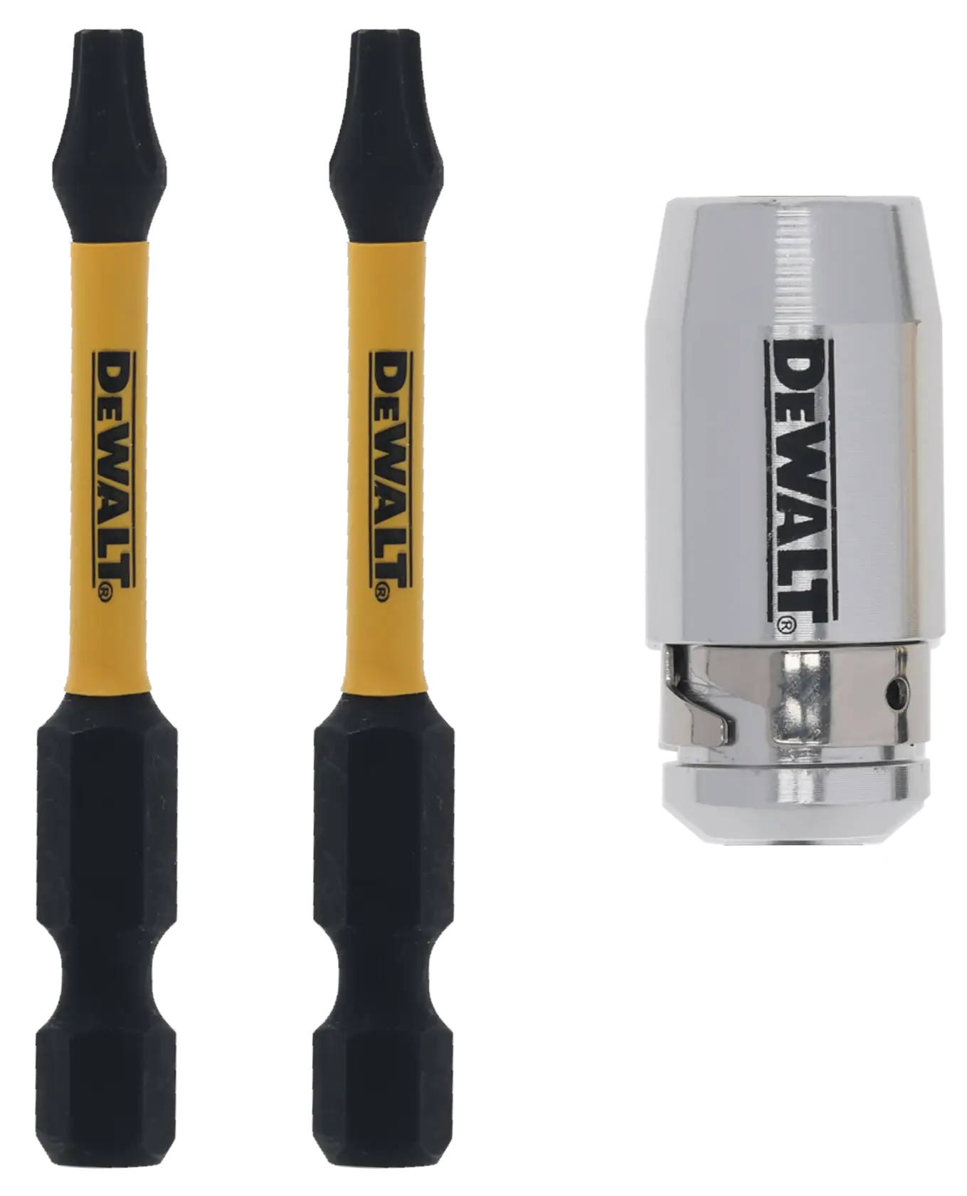 Set DEWALT DT70537T con dos puntas y un portapuntas, mostrado sobre fondo blanco.