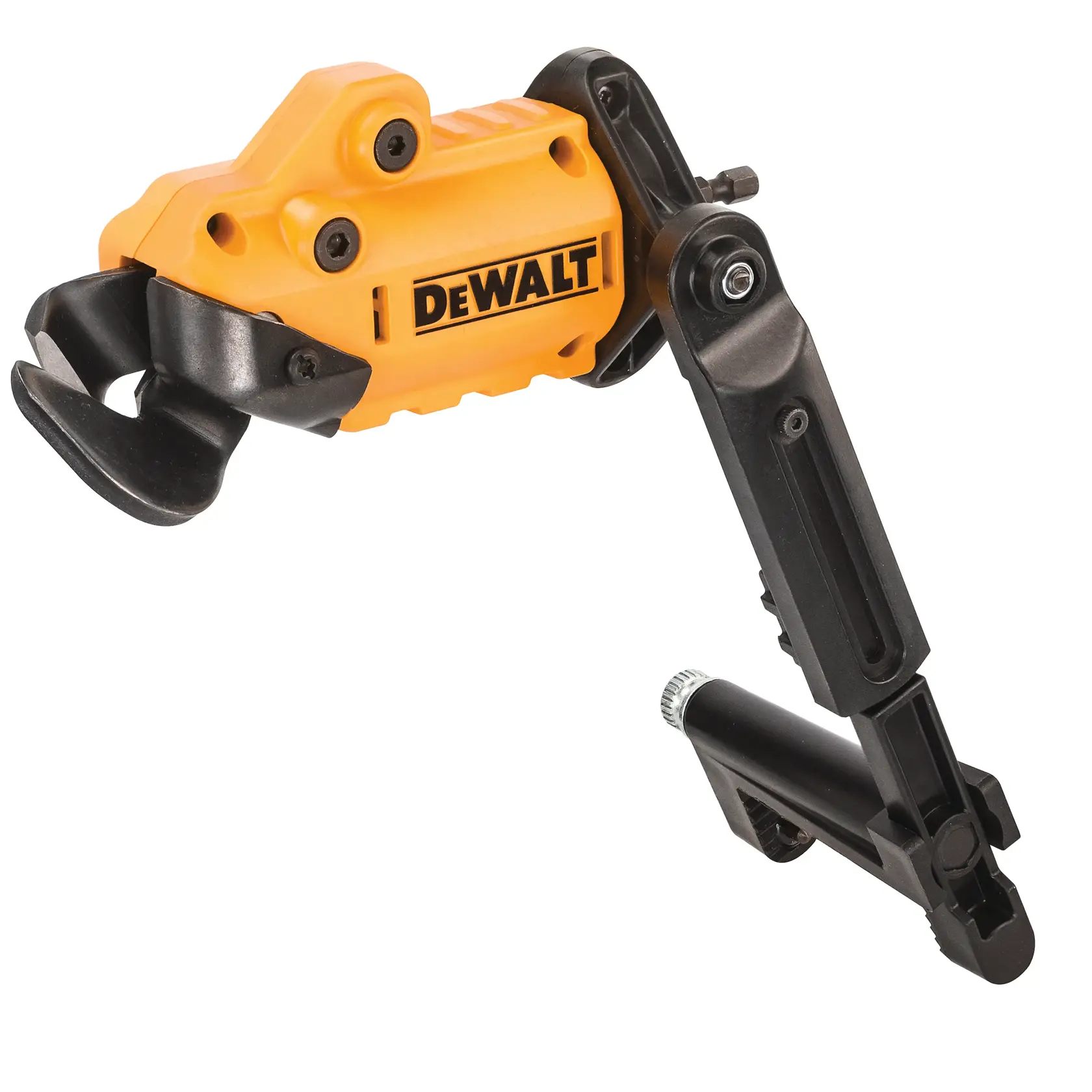 Um acessório DEWALT DT70620, apresentando um mecanismo de fixação amarelo e preto com um braço preto móvel, projetado para uso com ferramentas elétricas.