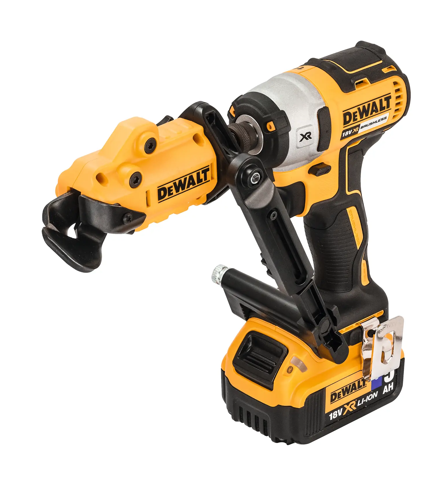 Ferramenta DEWALT sem fio com acessório, amarela e preta, bateria 18V XR Li-Ion, fundo branco.