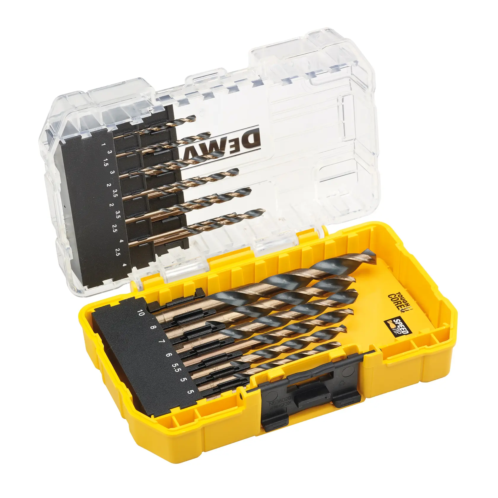 Um kit de brocas DEWALT em uma caixa de plástico amarela com tampa transparente. A caixa contém brocas de metal de vários tamanhos organizadas e rotuladas para fácil identificação.