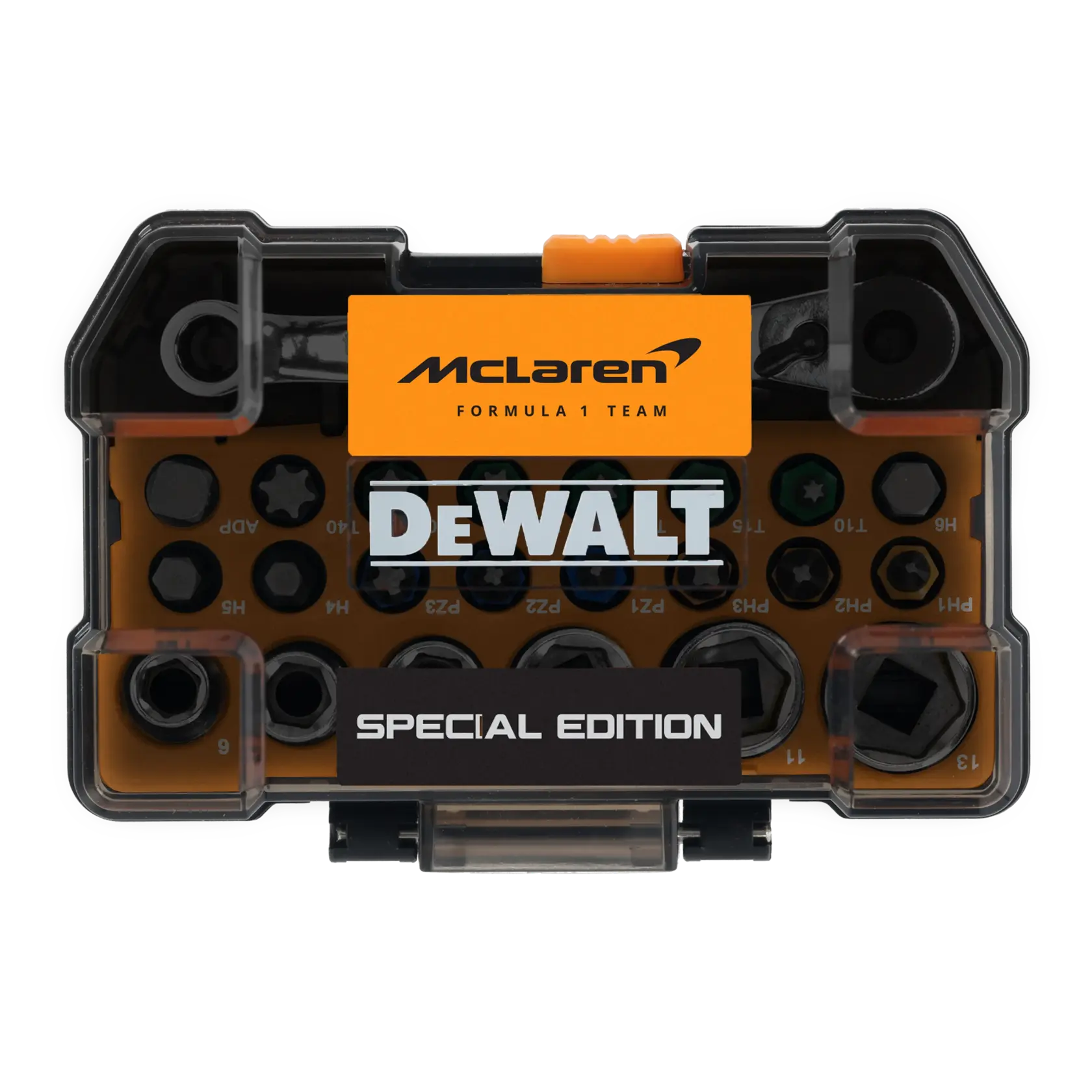 DEWALT DT70906-QZ, DT70906 kit de bits edição especial. Marca McLaren na caixa. Categoria fotografia.