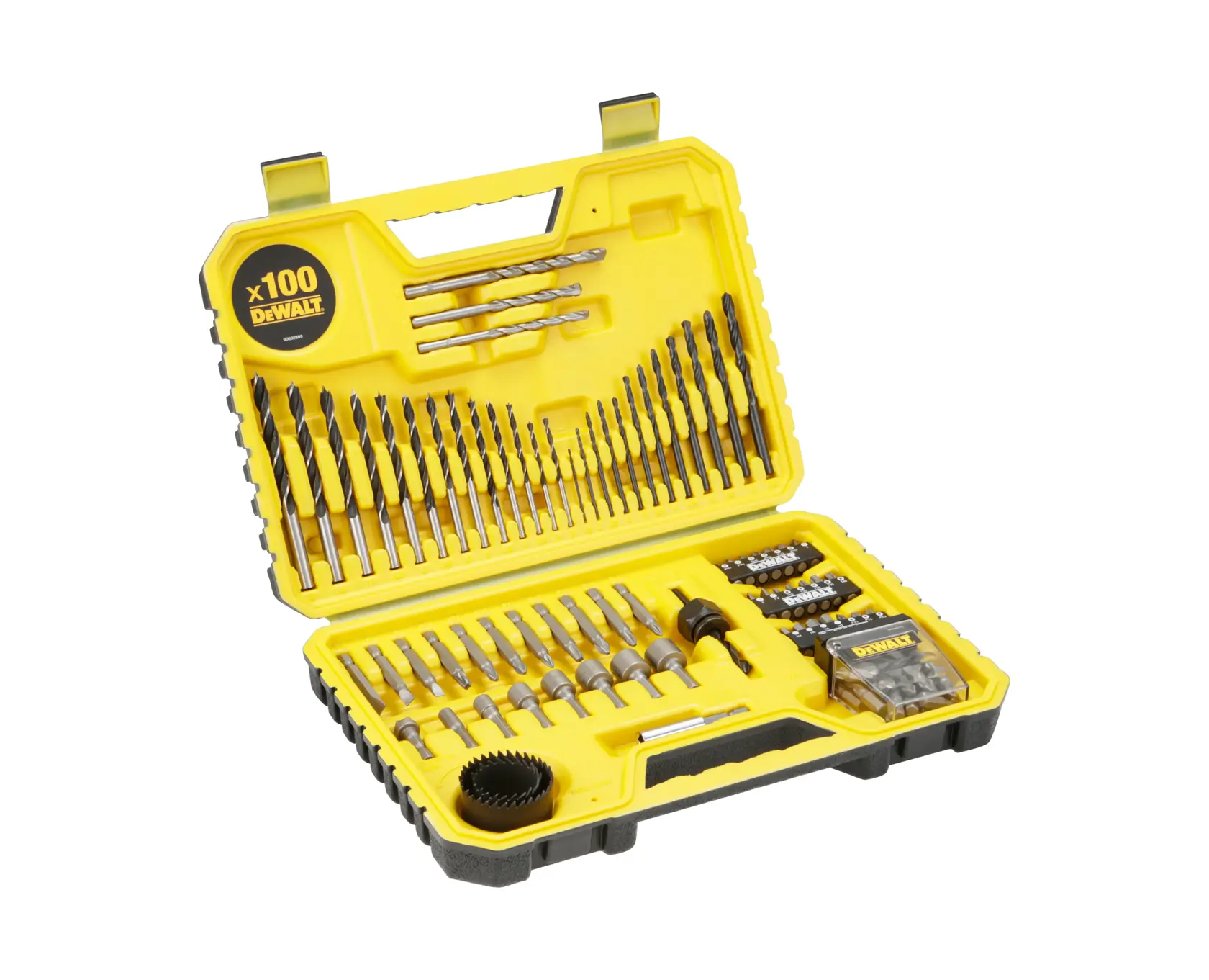 Uma maleta rígida amarela DEWALT contendo um conjunto de 100 peças de brocas e bits de parafusadeira, com várias brocas, bits, serra copo e acessórios organizados dentro.