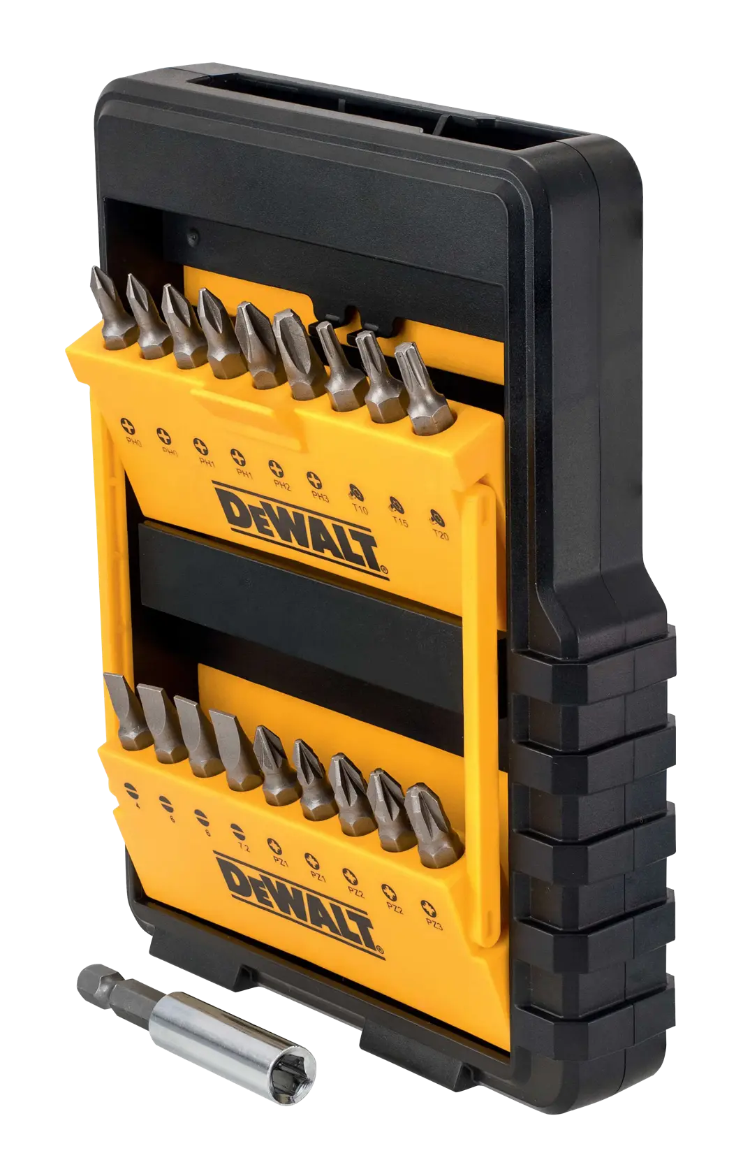 Juego de puntas DEWALT en estuche amarillo y negro con varias puntas y soporte metálico.