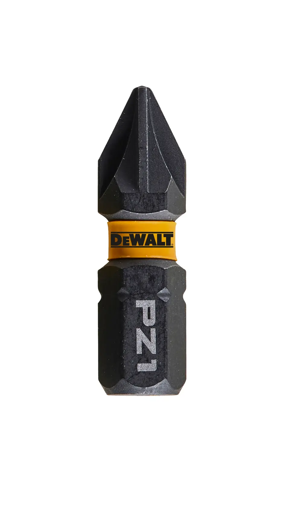 Bit de parafusadeira DEWALT PZ1 preto com anel amarelo, exibido sobre fundo branco.