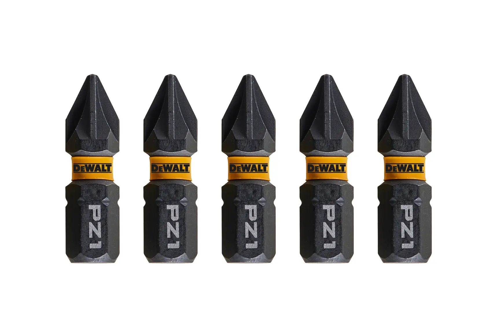 Conjunto de cinco bits DEWALT PZ1 pretos com anel amarelo e logo, em fundo branco.