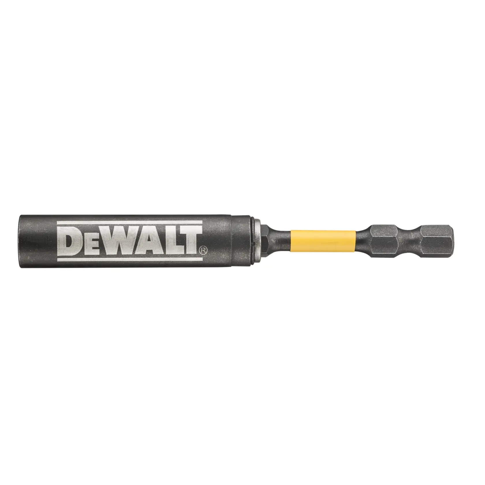 Imagem em close de um suporte magnético para bits da marca DEWALT, com haste sextavada e manga cilíndrica, projetado para uso com ferramentas elétricas.
