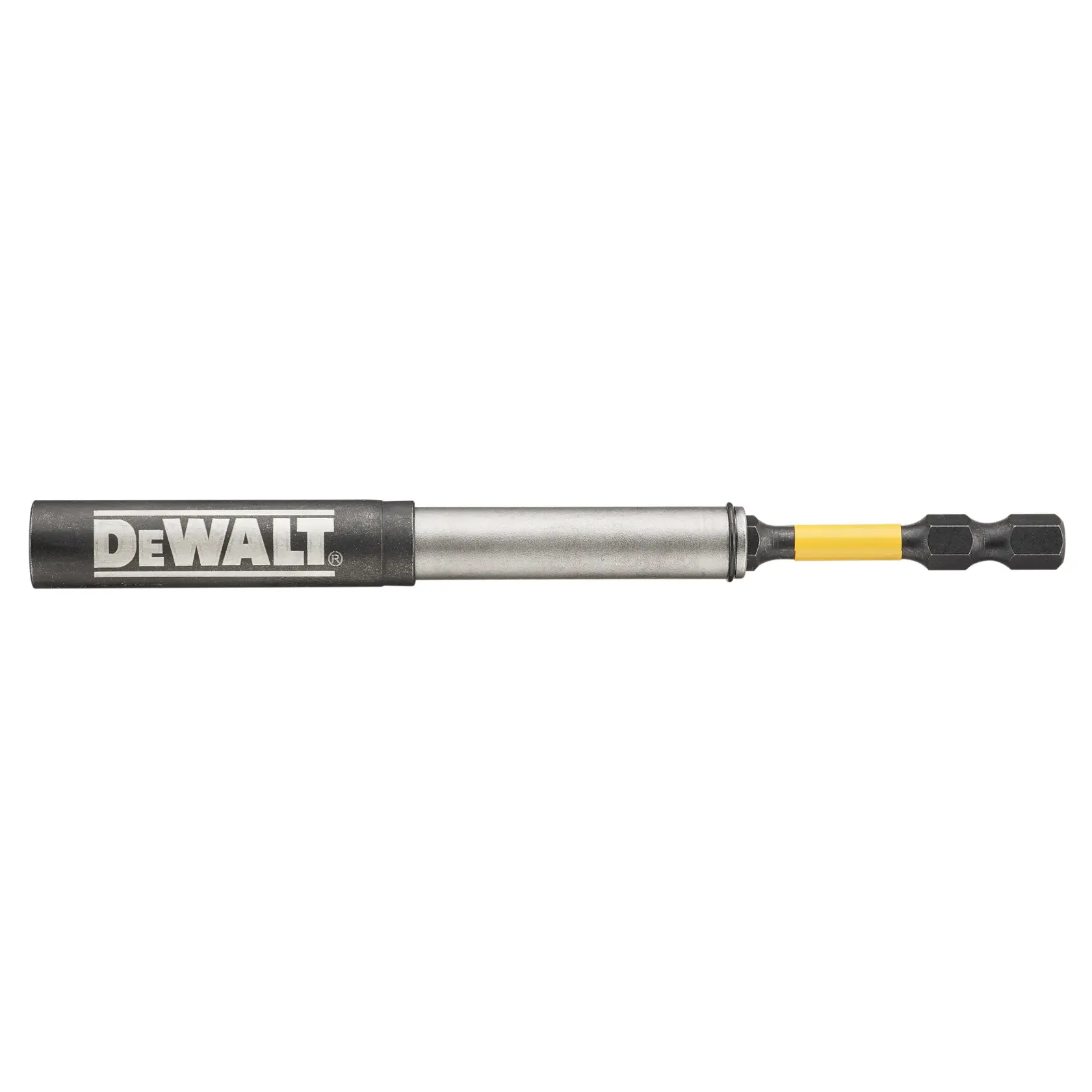 Suporte magnético para pontas de parafusadeira da marca DEWALT com haste metálica alongada e encaixe de ponta preto e amarelo.