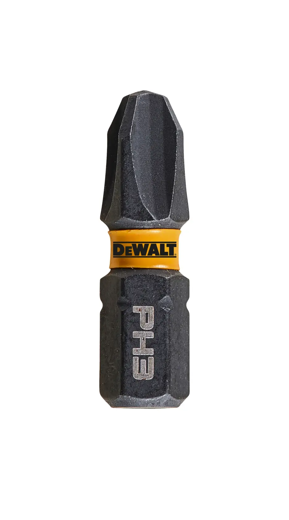 Broca de parafusadeira DEWALT PH3 com anel amarelo, close-up sobre fundo branco.