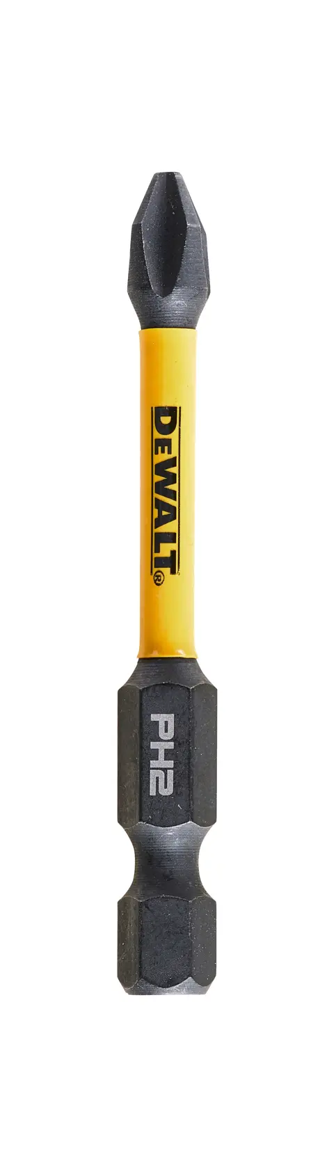 Uma ponta de parafusadeira DEWALT PH2 com haste amarela e pontas pretas, exibida verticalmente sobre um fundo branco.