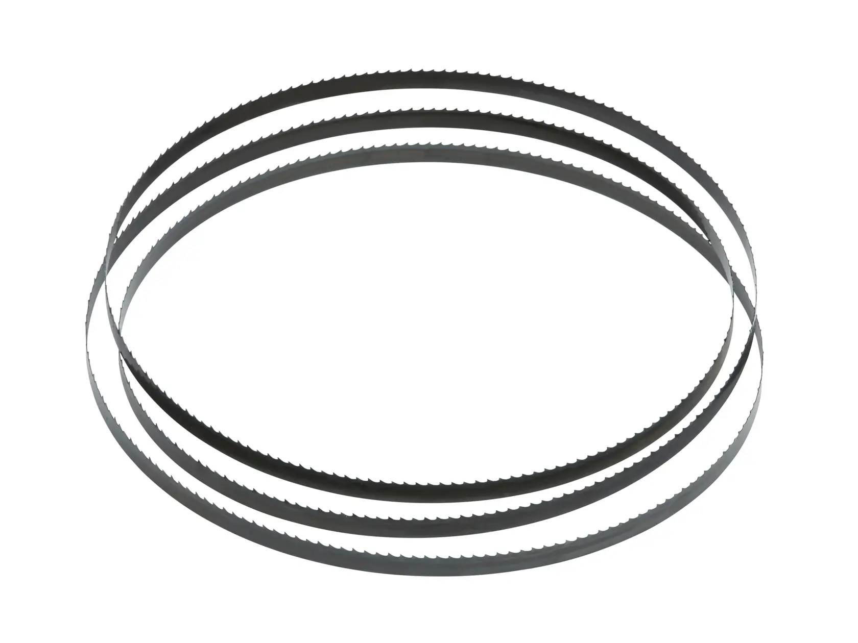 Três lâminas de serra de fita de metal com dentes finos, dispostas em laços circulares sobrepostos em um fundo branco.