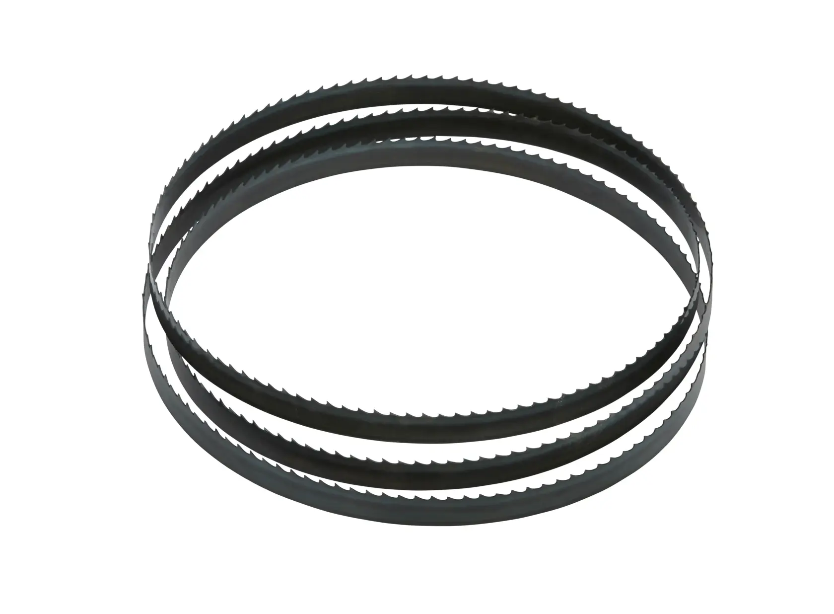 Uma lâmina de serra de fita DEWALT DT8474 com dentes afiados, enrolada em forma circular, exibida sobre um fundo branco.