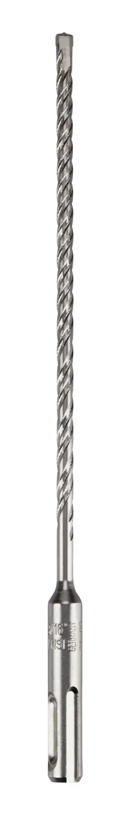 Uma broca longa metálica SDS com design em espiral, exibida na vertical sobre um fundo branco.