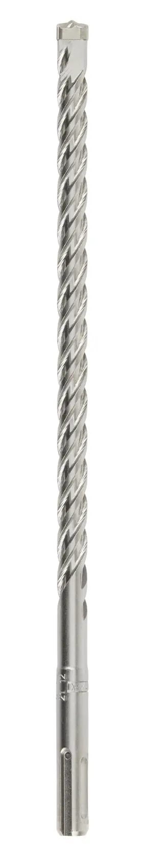 Broca longa prata DEWALT com design espiral para perfuração em alvenaria ou concreto.