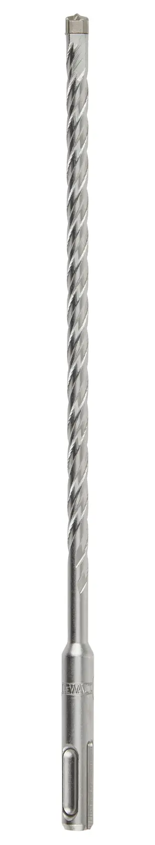 Broca DEWALT longa e prateada com espiral, ideal para perfuração em alvenaria e concreto.