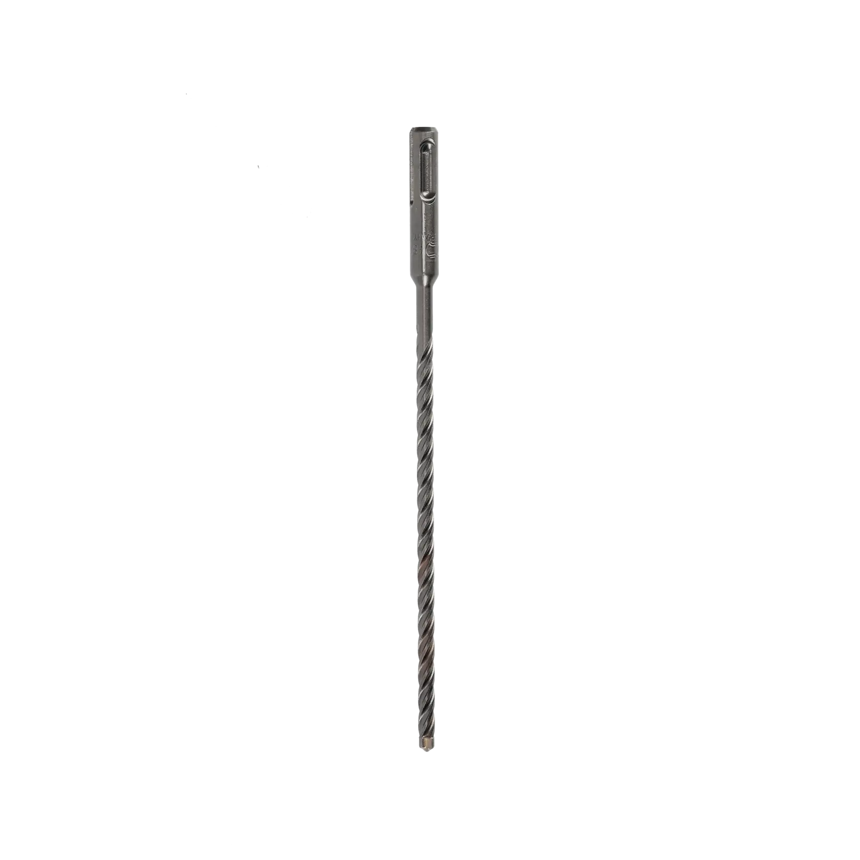 Uma broca SDS longa de metal com ranhuras espirais, mostrada na vertical sobre fundo branco.