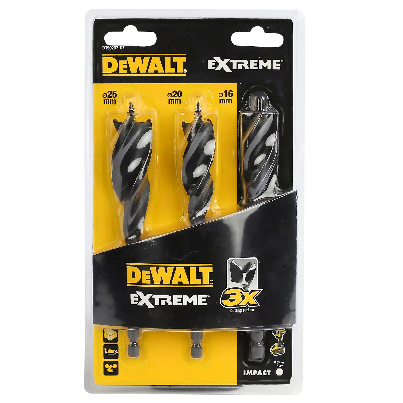 Conjunto embalado de três brocas para madeira DEWALT Extreme, tamanhos 25 mm, 20 mm e 16 mm, apresentado em uma embalagem blister amarela e preta.