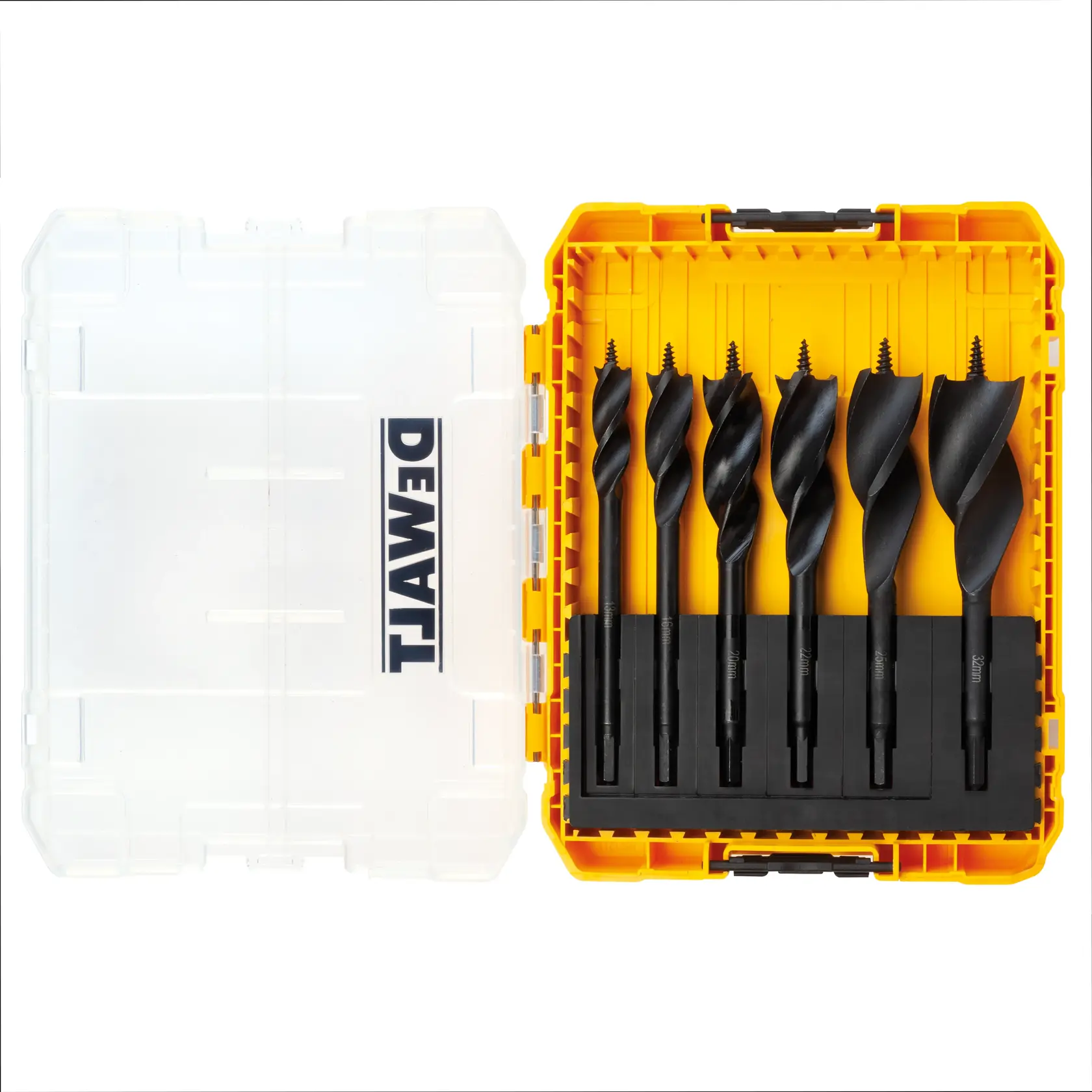 Estojo de plástico amarelo e transparente da marca DEWALT contendo um conjunto de seis brocas helicoidais pretas para madeira de vários tamanhos, organizadas individualmente em slots.