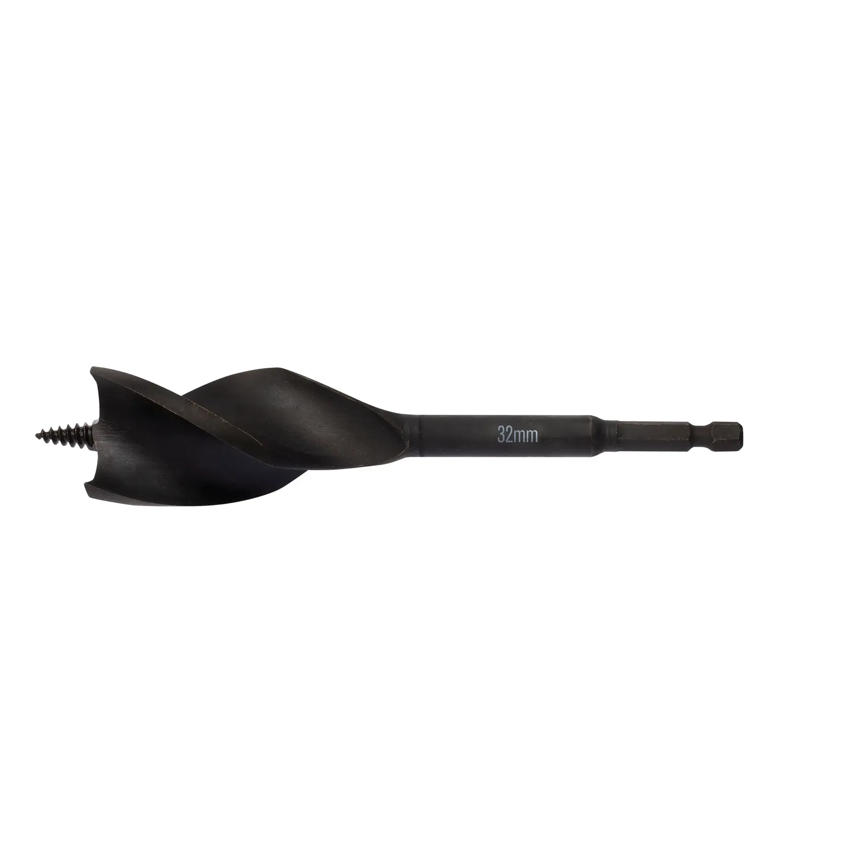 Broca DEWALT de 32mm para madera con vástago hexagonal, sobre fondo blanco.