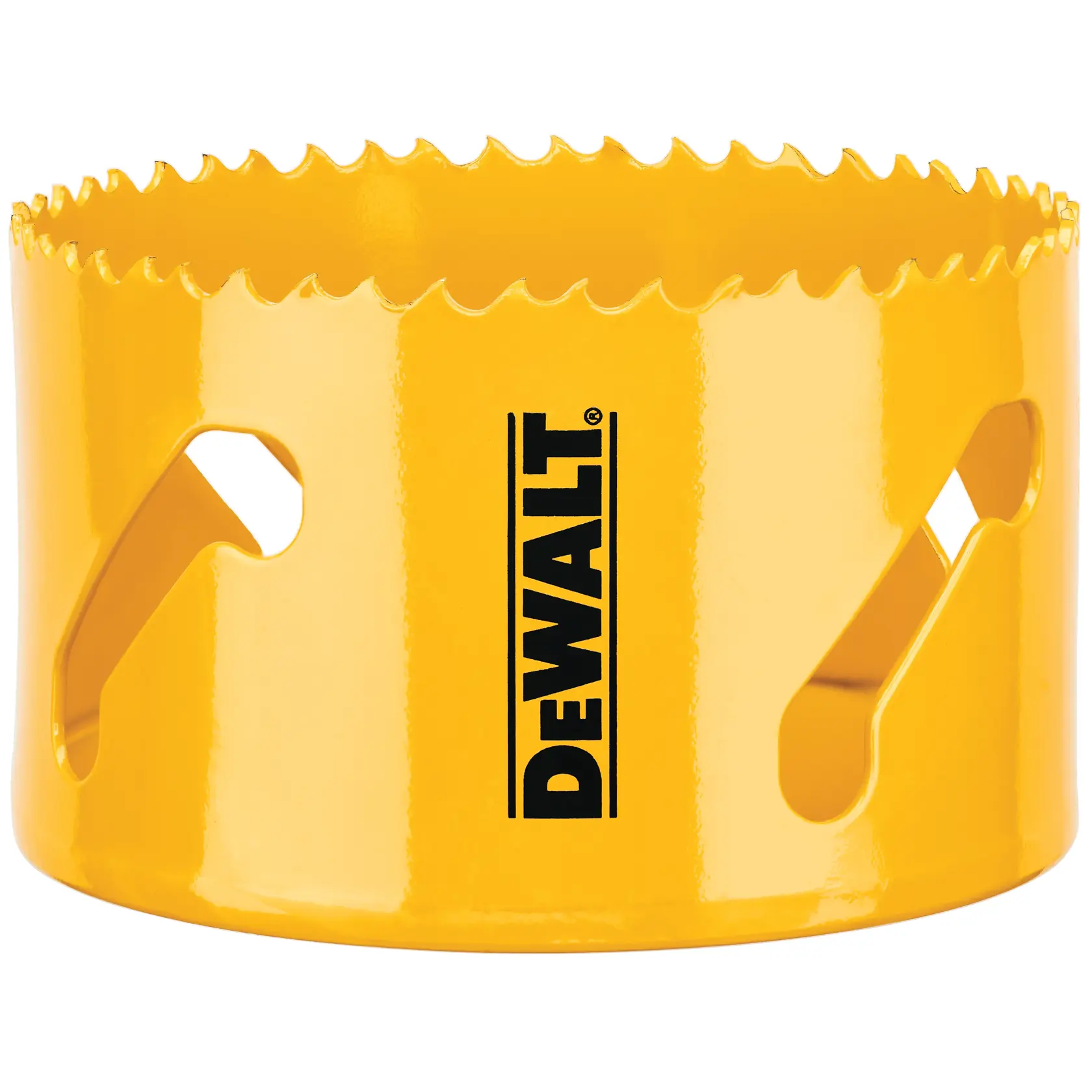 Serra copo amarela DEWALT com dentes afiados, usada para cortar furos em materiais como madeira ou metal.