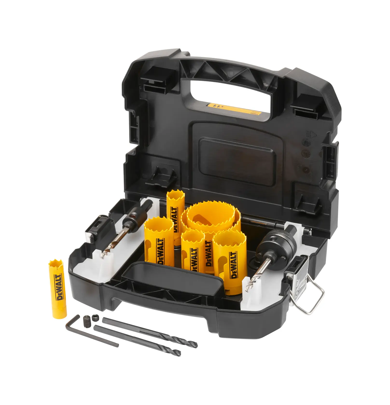 Um kit de serras copo DEWALT, incluindo serras copo amarelas, brocas e acessórios, organizado dentro de uma maleta de plástico preto.