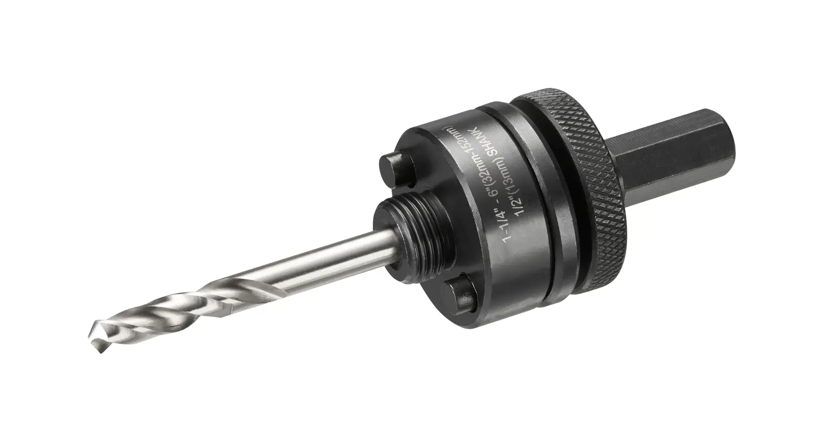 Imagem em close de um suporte para serra copo DEWALT DT90369 com broca piloto, usado para montar serras copo em furadeiras e cortar furos circulares.