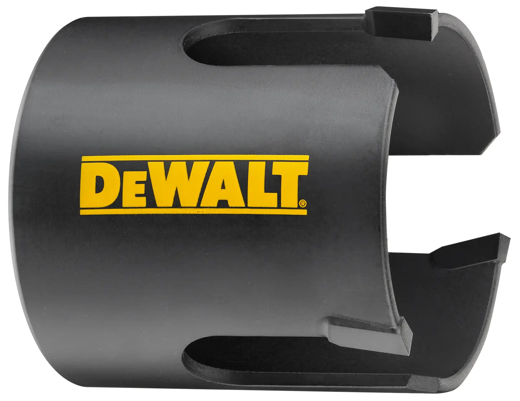 Um acessório serra copo de cor preta da marca DEWALT, em formato cilíndrico, com aberturas e bordas afiadas, projetado para cortar furos precisos em materiais.