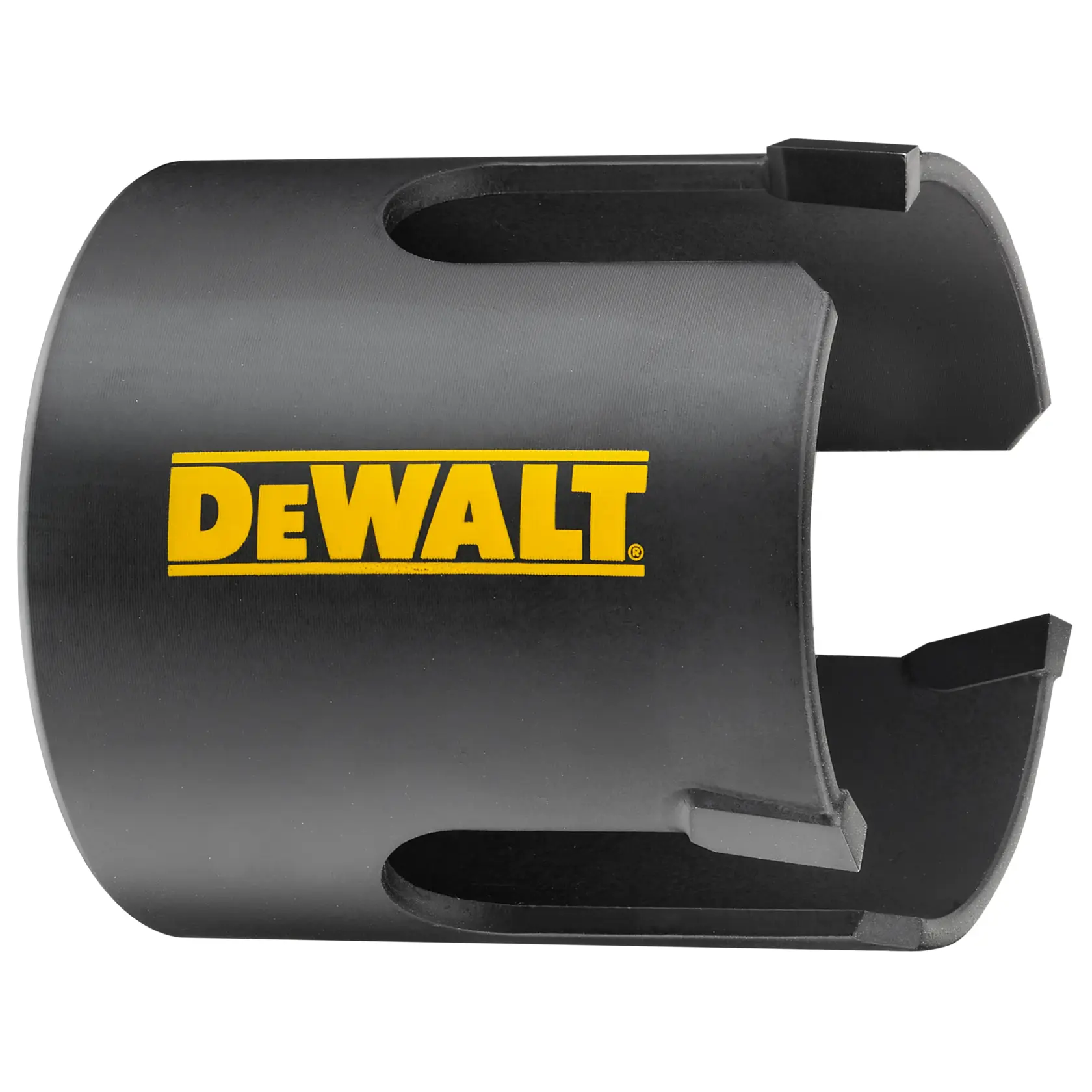 Vista de perto de um acessório de serra copo preto DEWALT com o logotipo amarelo da marca, usado para perfurar orifícios circulares precisos em materiais.