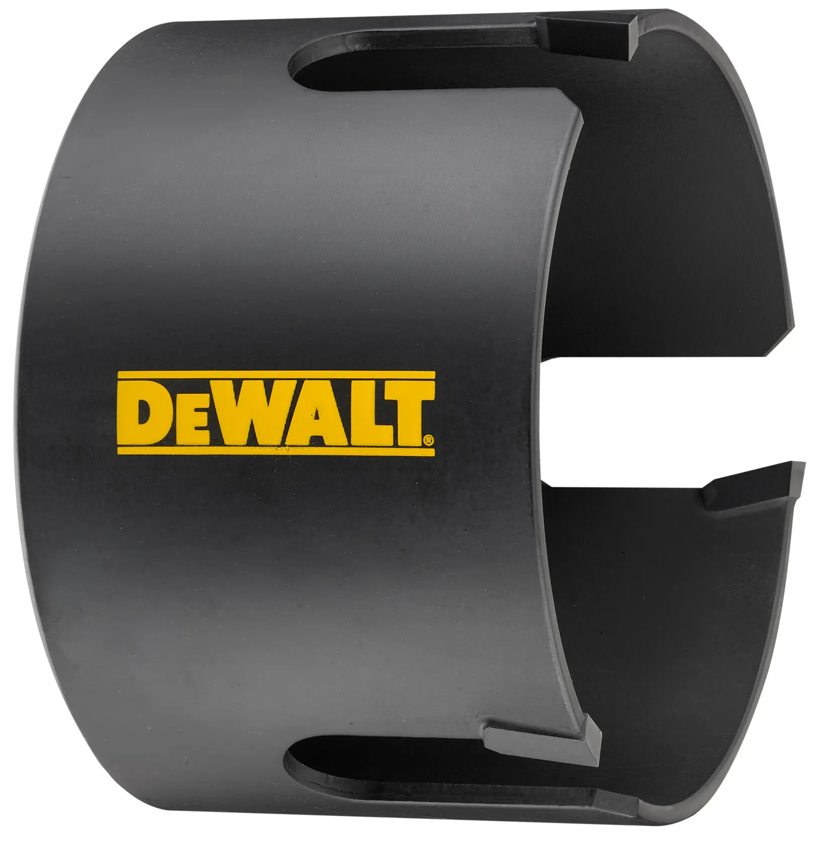Um acessório de ferramenta cilíndrico preto da marca DEWALT com aberturas e acabamento fosco.