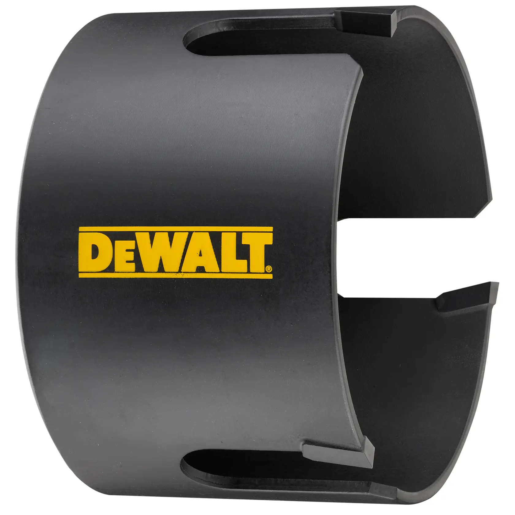 Broca de coroa cilíndrica preta da DEWALT com ranhuras e logotipo amarelo da DEWALT na lateral.