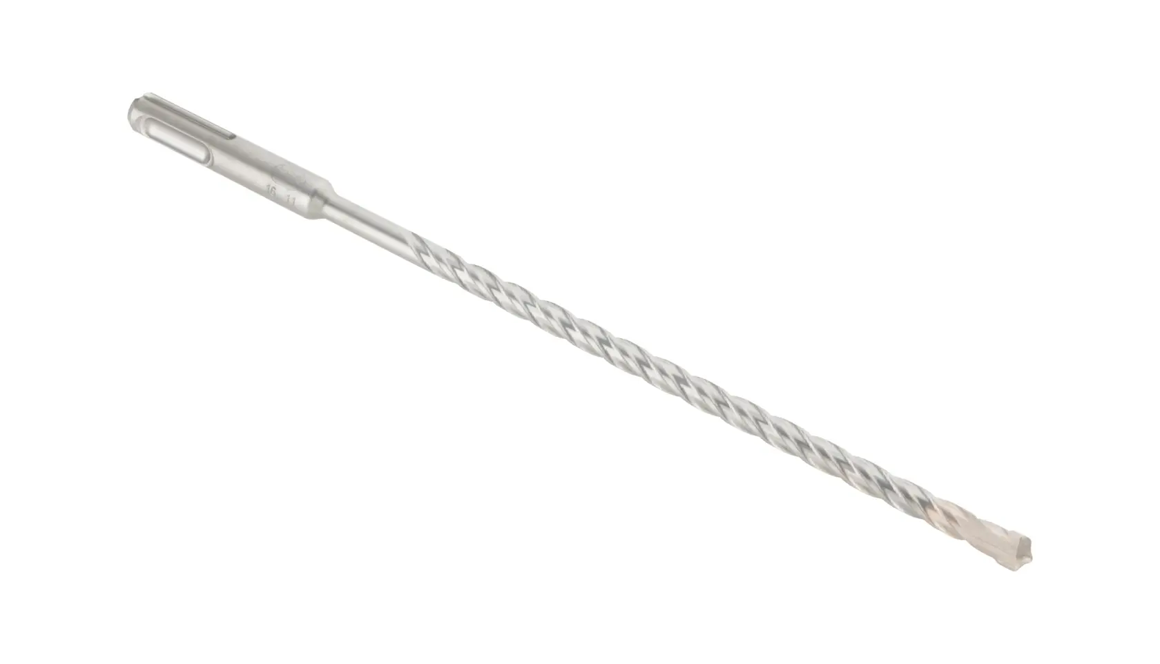 Broca longa para alvenaria DEWALT SDS-plus prateada com design em espiral, mostrada em um fundo branco.
