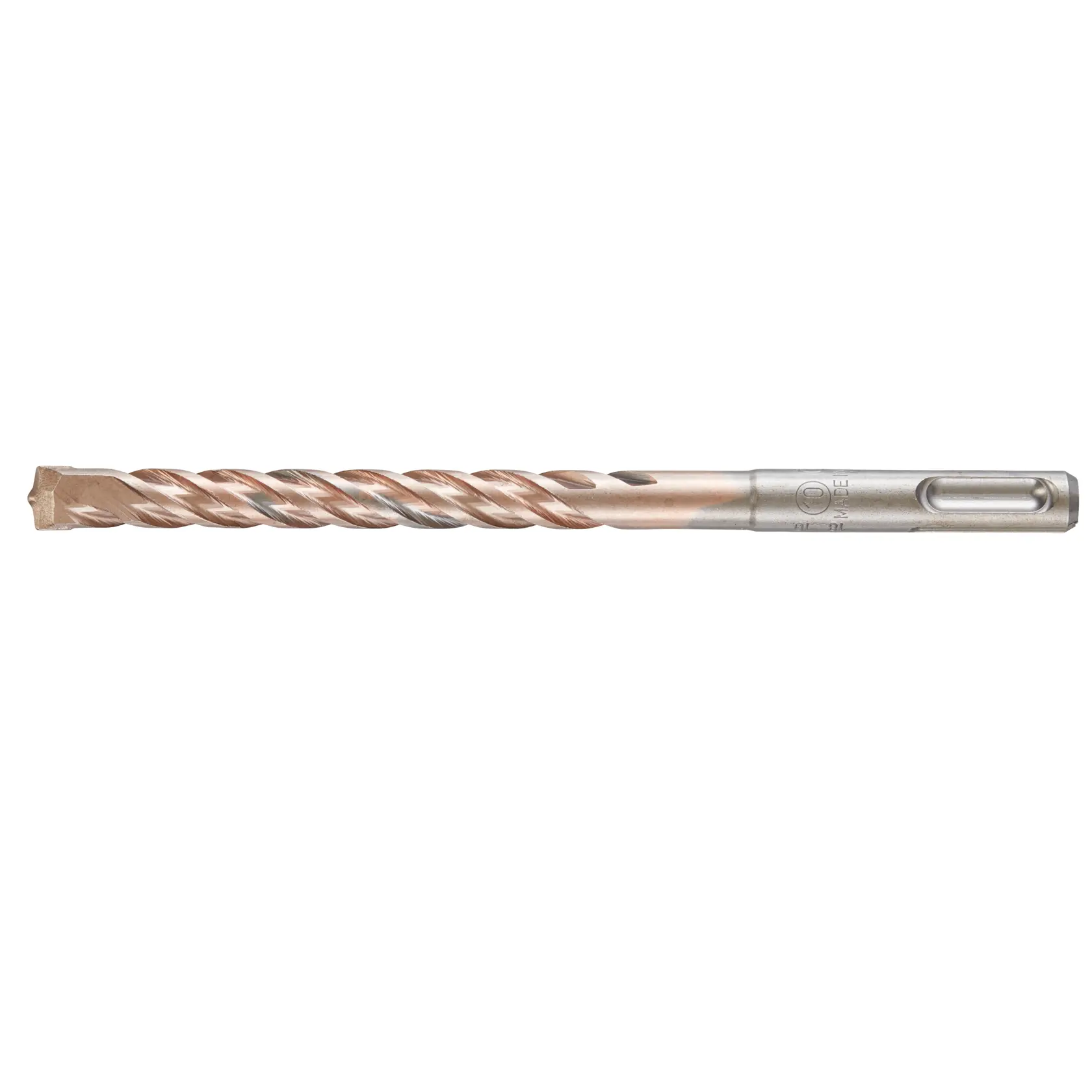 Broca para martelo SDS-Plus DEWALT DT9540, prateada com design espiral, usada para perfurar alvenaria ou concreto.