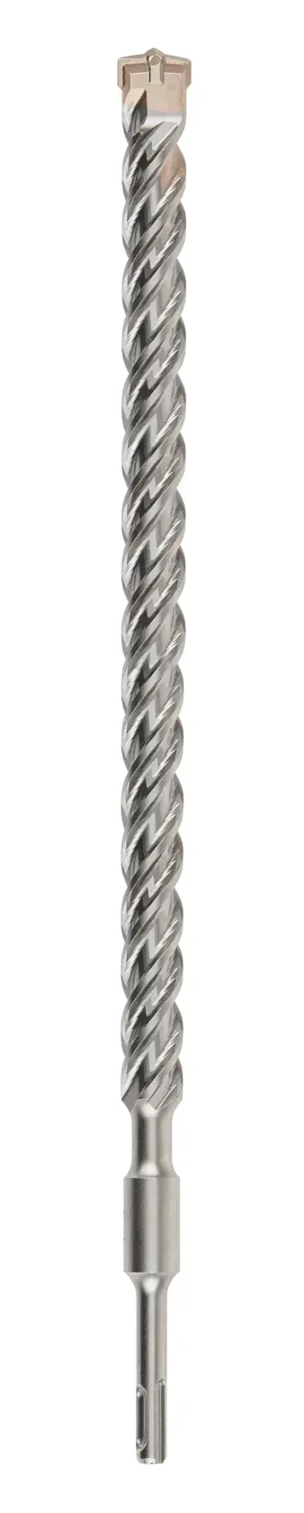 Uma broca para alvenaria prateada com desenho em espiral, mostrada na vertical sobre um fundo branco.