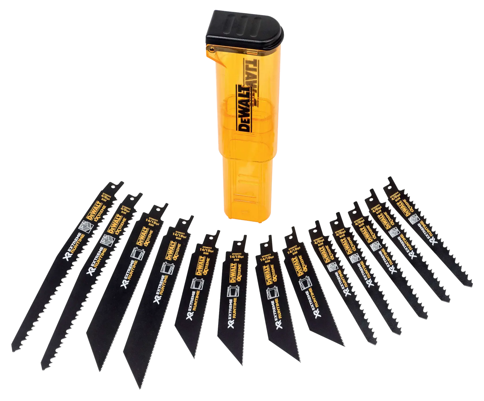 Um conjunto de lâminas de serra recíproca da marca DEWALT, de cor preta, dispostas em fileira ao lado de uma caixa de armazenamento de plástico amarelo. As lâminas possuem diferentes padrões e tamanhos de dentes, adequados para diversas tarefas de corte.