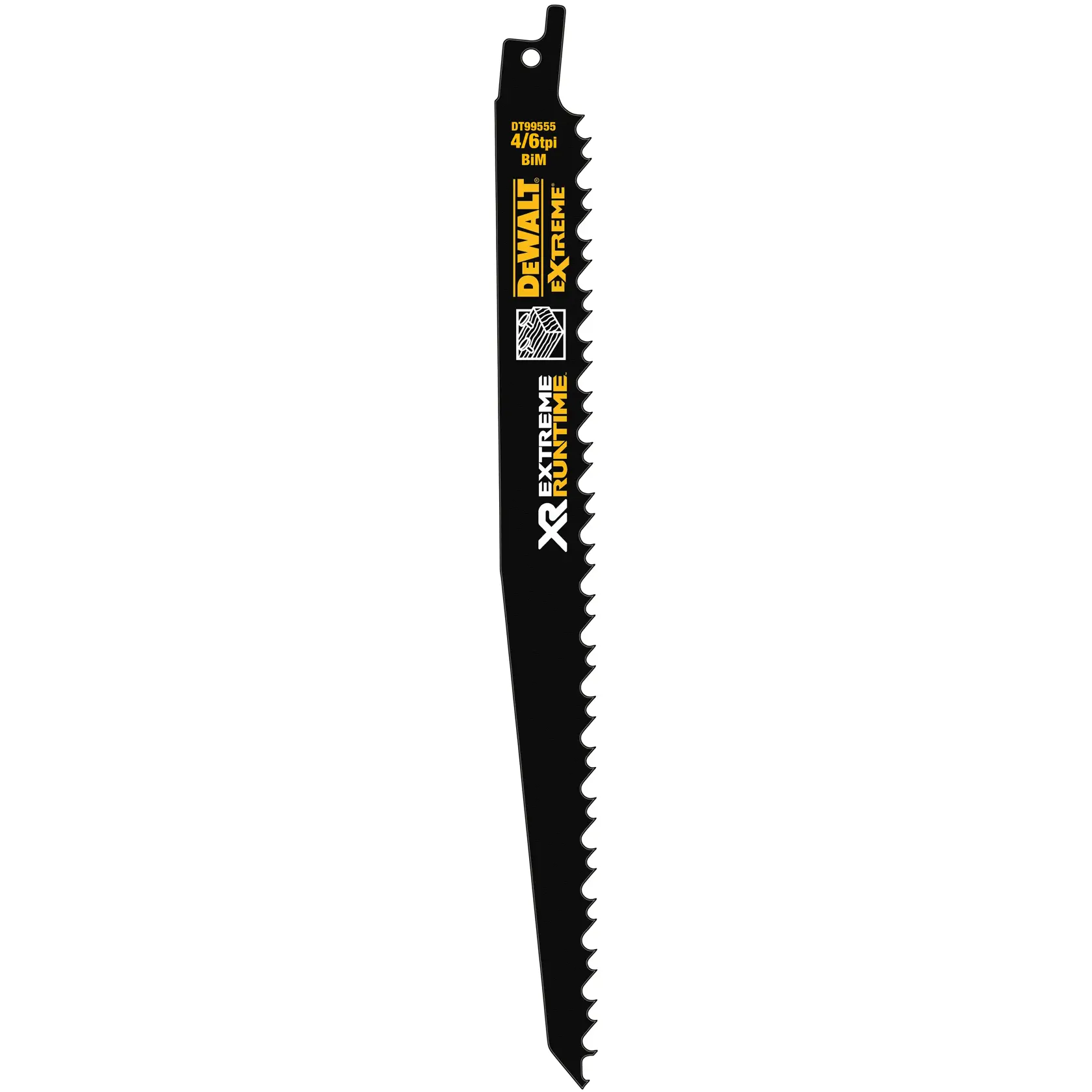 Uma lâmina preta de serra recíproca DEWALT XR Extreme Runtime com borda serrilhada e marcas de especificação em amarelo e branco.