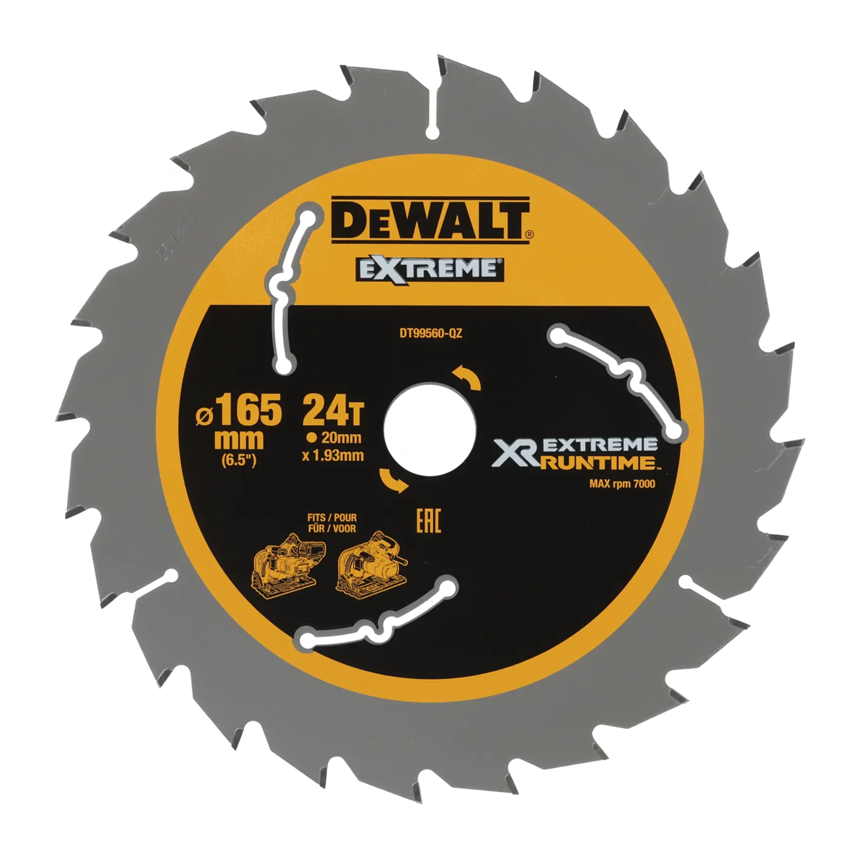 Lâmina de serra circular DEWALT DT99560, diâmetro de 165 mm com 24 dentes, adequada para tempo de uso extremo e compatível com várias serras DEWALT. A lâmina é preta e amarela com especificações técnicas impressas na frente.
