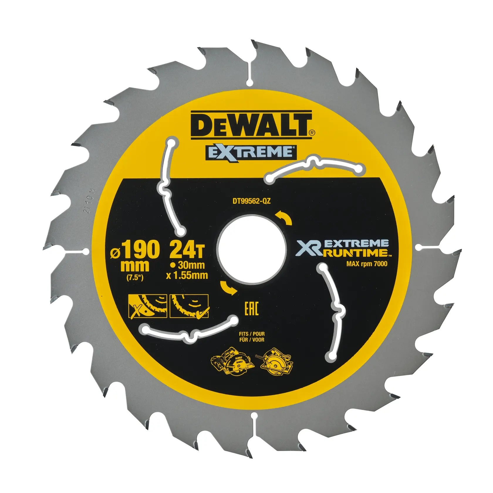 Disco de serra circular DEWALT Extreme XR de 190 mm com 24 dentes, furo de 30 mm e espessura de 1,55 mm, projetado para alto desempenho e tempo de funcionamento prolongado; o disco possui design preto e amarelo com especificações detalhadas impressas na superfície.
