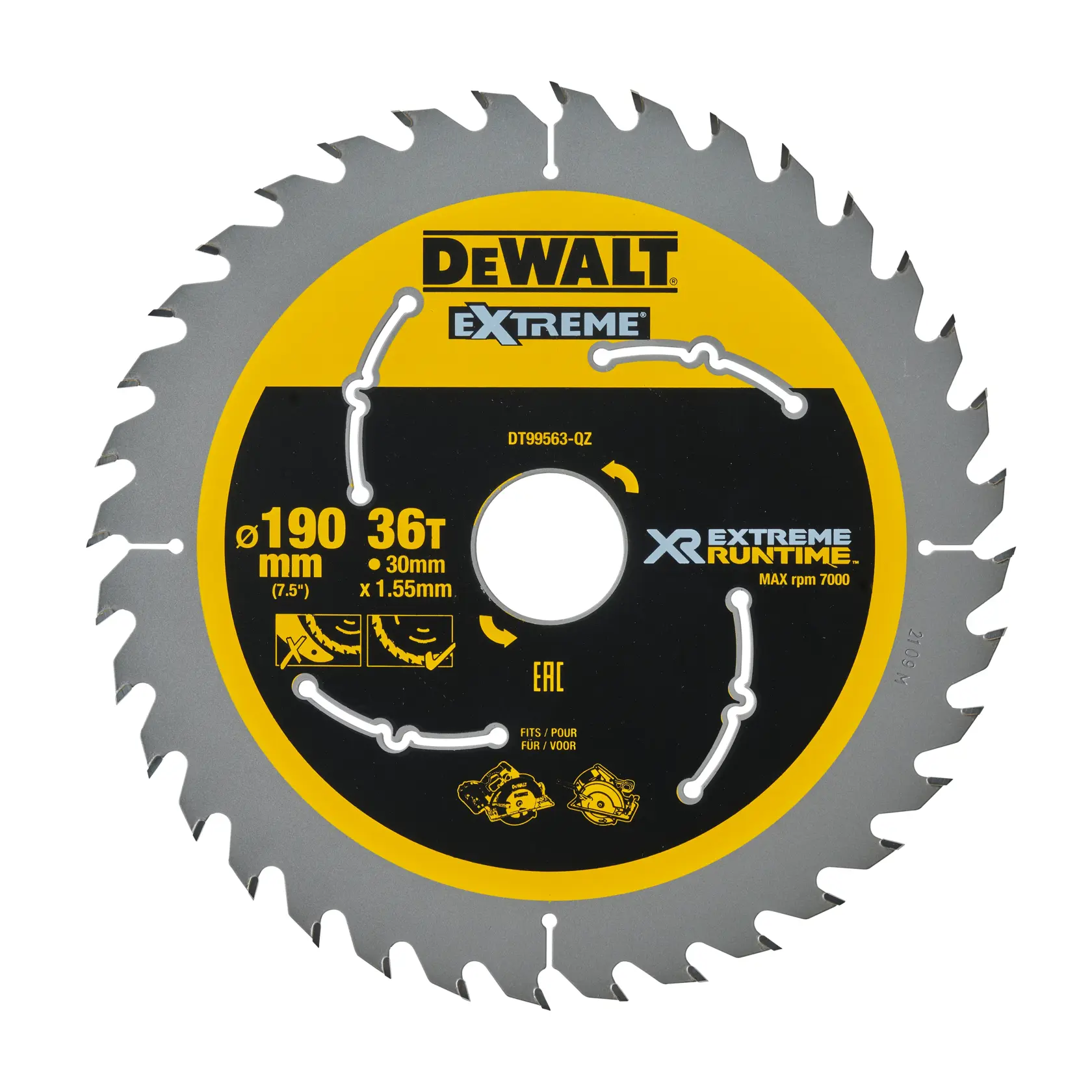 Disco de serra circular DEWALT Extreme XR Runtime, modelo DT99563, com 190 mm de diâmetro, 36 dentes e furo de 30 mm. Apresenta design amarelo e preto com especificações técnicas e logomarca visíveis.