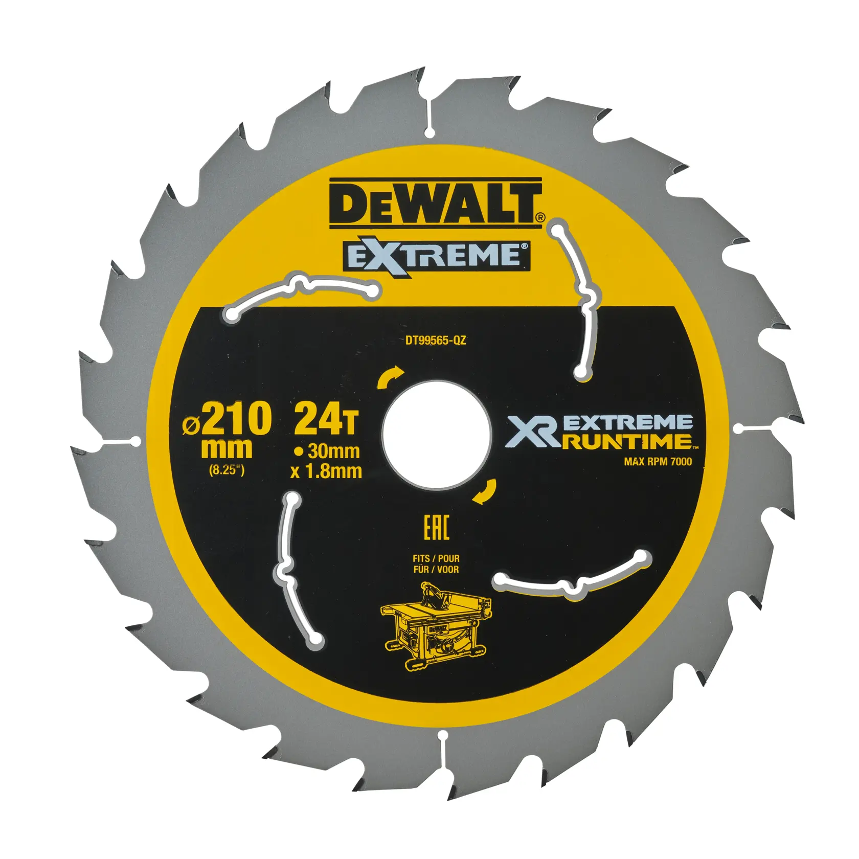 Lâmina de serra circular DEWALT Extreme XR Runtime, modelo DT99565, com 24 dentes, diâmetro de 210 mm, furo de 30 mm e espessura de 1,8 mm, adequada para serras de mesa.