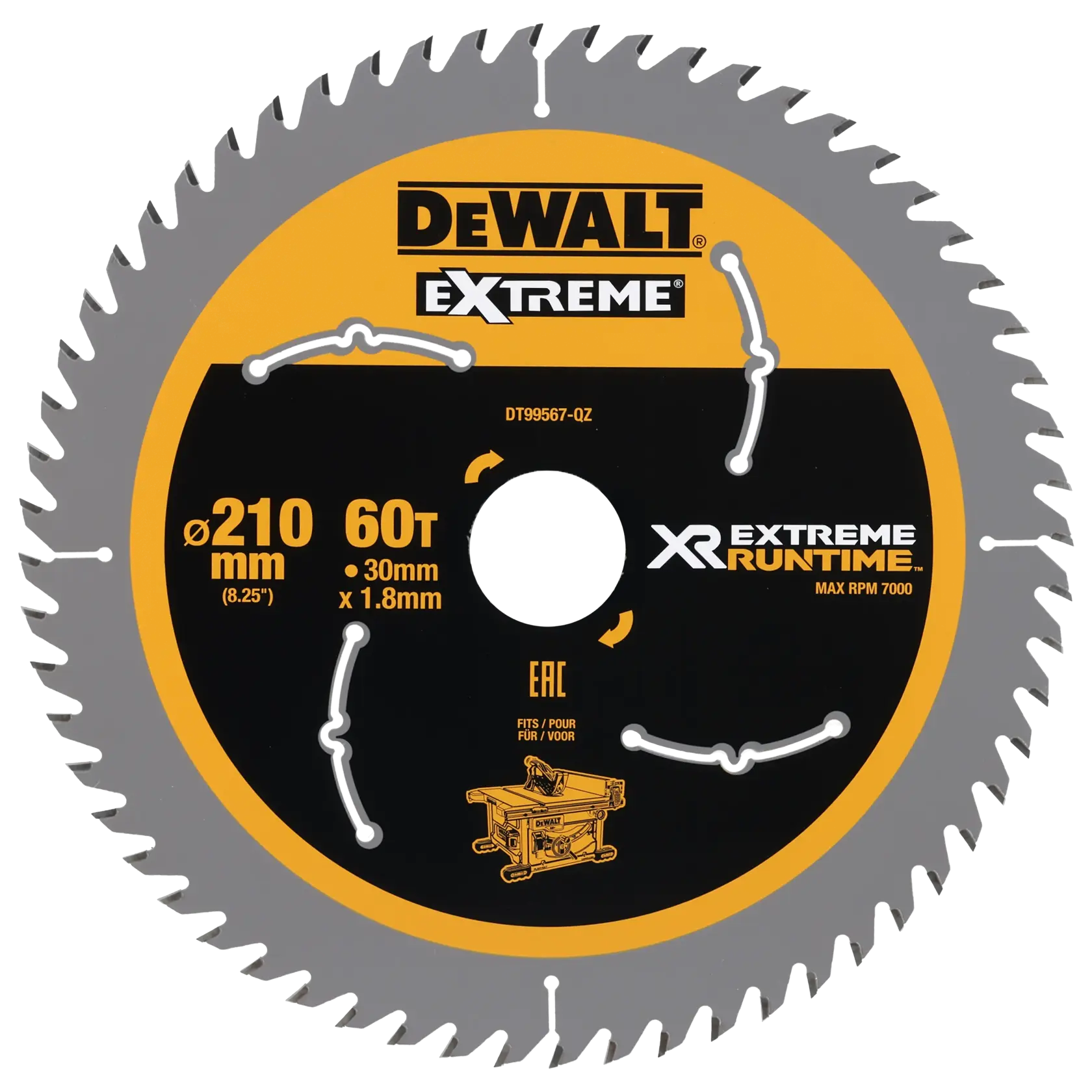 Lâmina de serra circular DEWALT EXTREME, modelo DT99567, com diâmetro de 210 mm, 60 dentes, furo de 30 mm e espessura de 1,8 mm. Projetada para XR EXTREME RUNTIME com velocidade máxima de 7000 RPM. A lâmina é prateada e amarela com marcações do produto.